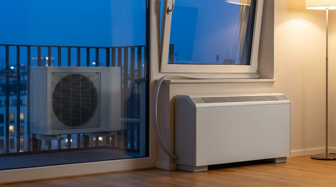 Balmair Duo design study: indoor console and matching outdoor half joined by one slim coupling through a tilted window